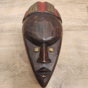 African Ghana Tribal Carved Mask Wood W/ Hammered Copper Eyes & Accents Repousse